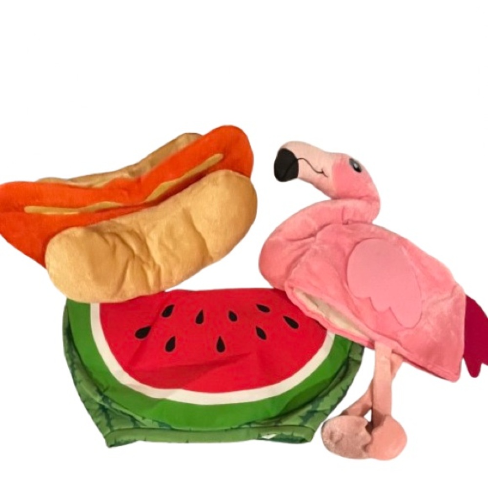 Set of 3- Dress Up/Party Fabric Hats. Flamingo, Hot Dog, Watermelon.